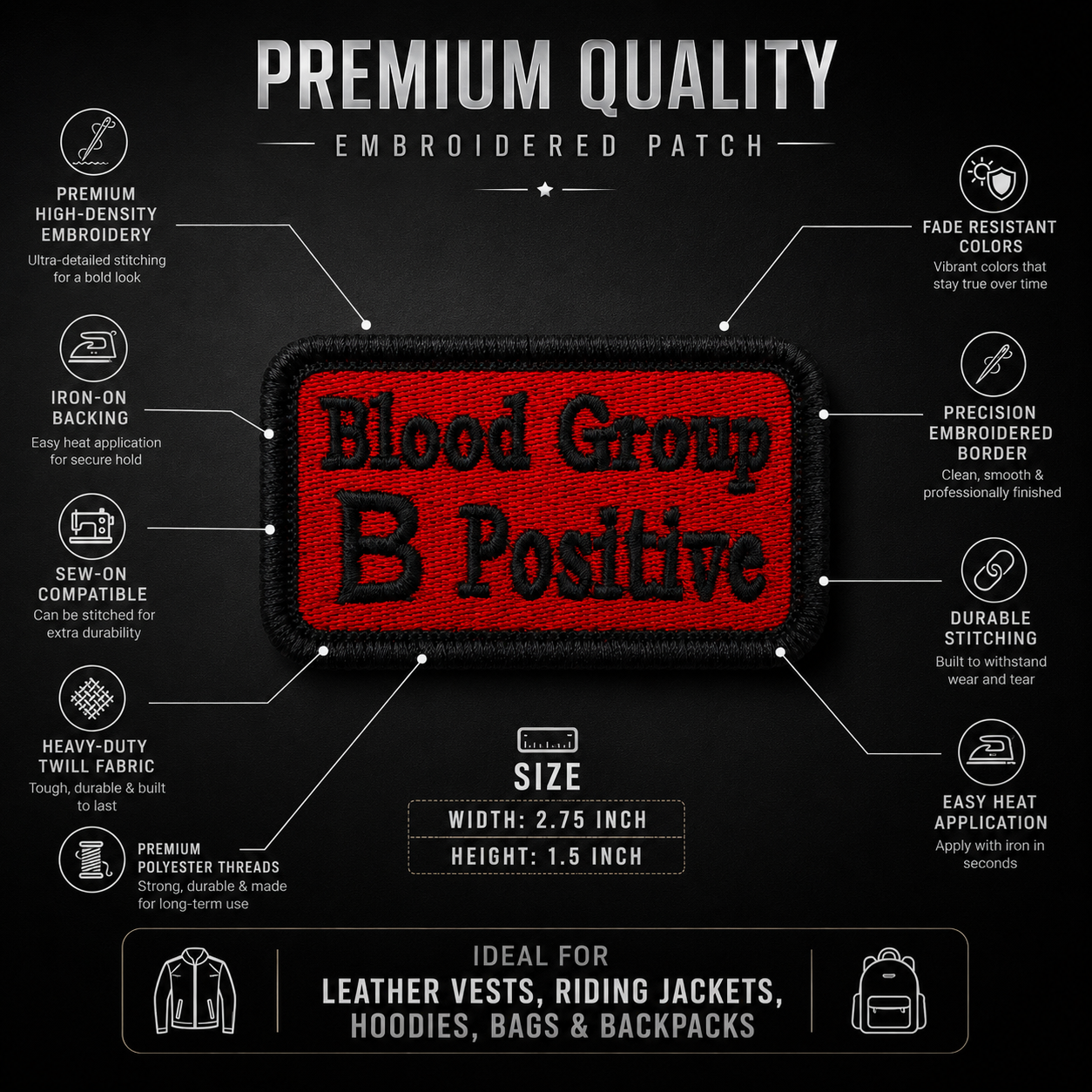 B positive blood group embroidered patch 2.75*1.5 inches