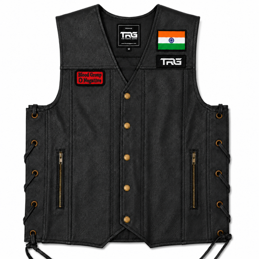 O Negative Blood Group embroidered patch displayed on black leather biker vest with Indian flag and TRG embroidered patch