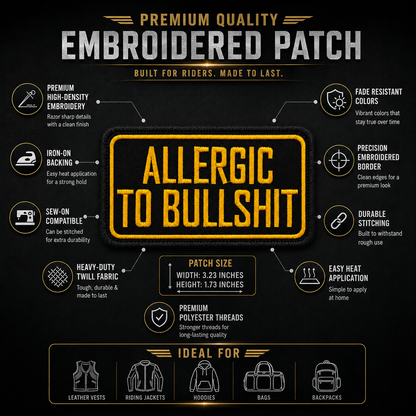 Allergic To Bullshit Premium Embroidered Biker Patch | Iron-On & Sew-On | 1.7 × 3.2 Inches
