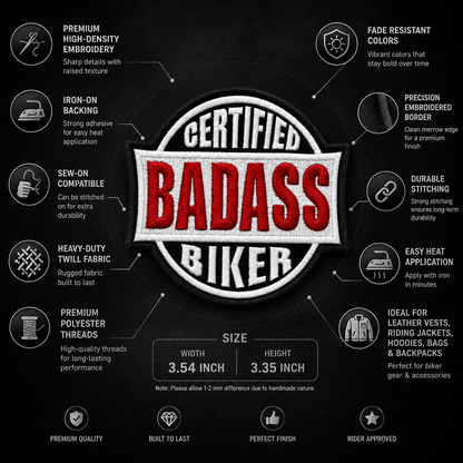 Certified Badass Premium Embroidered Biker Patch | Iron-On & Sew-On | 3.3 × 3.5 Inches