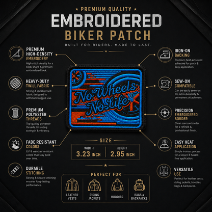 No Wheel No Life Premium Embroidered Biker Patch | Iron-On & Sew-On | 2.95 × 3.23 Inches