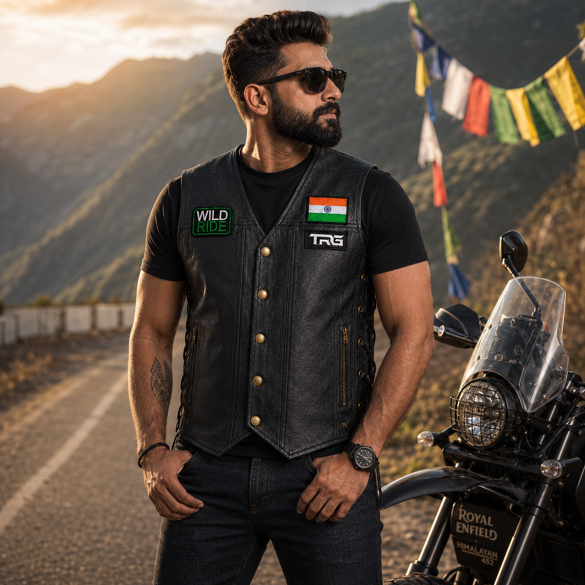 Wild Ride Biker Patch worn on black motorcycle vest by rider on mountain road