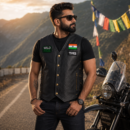 Wild Ride Biker Patch worn on black motorcycle vest by rider on mountain road