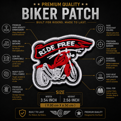 Ride Free Premium Embroidered Biker Patch | Iron-On & Sew-On | 2.5 × 3.5 Inches