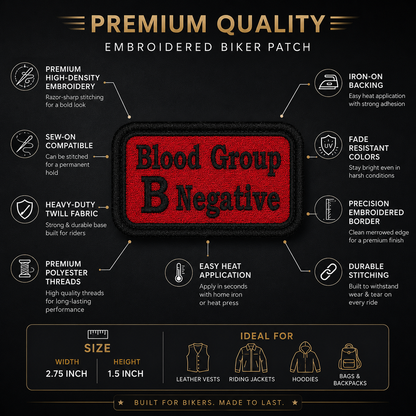 B Negative Blood Group Iron-On / Sew-On Embroidered Patch – 1.5 × 2.75 Inches