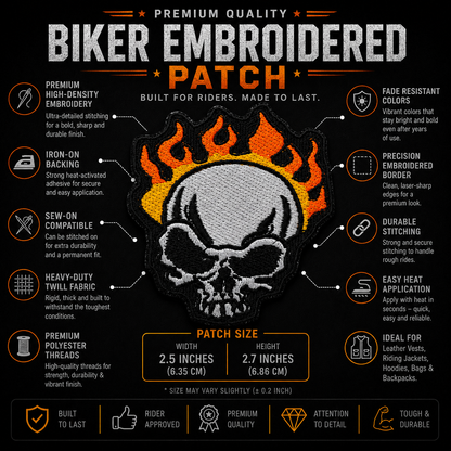 Skull With Fire Premium Embroidered Biker Patch | Iron-On & Sew-On | 2.5 × 2.7 Inches