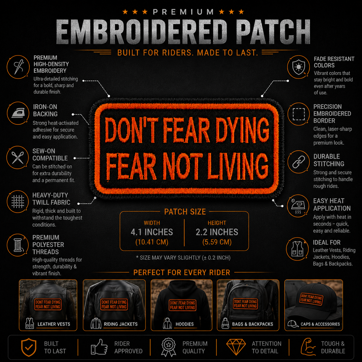 Don't Fear Dying Fear Not Living Premium Embroidered Biker Patch | Iron-On & Sew-On | 2.2 × 4.1 Inches
