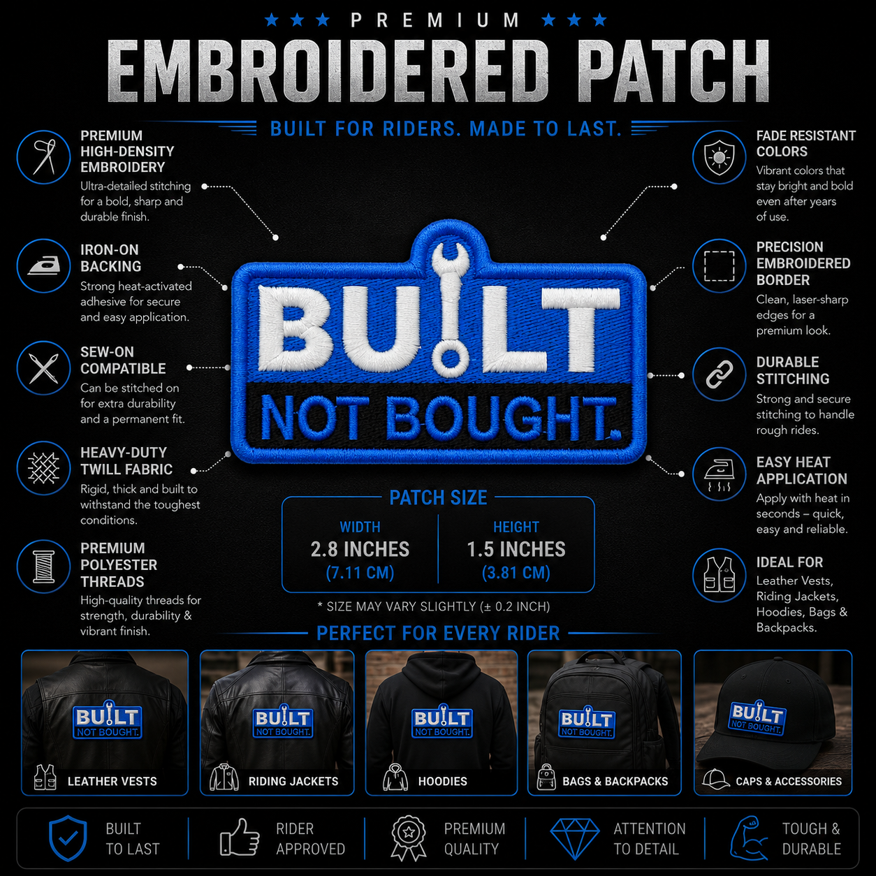 Built Not Bought Premium Embroidered Biker Patch | Iron-On & Sew-On | 1.5 × 2.8 Inches