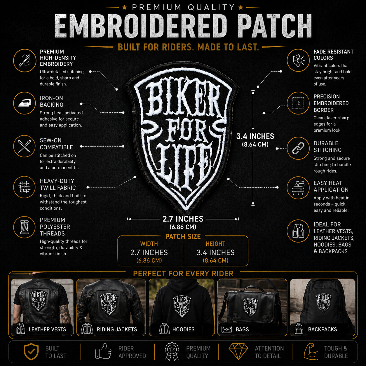 Biker For Life Premium Embroidered Biker Patch | Iron-On & Sew-On | 2.7 × 3.4 Inches