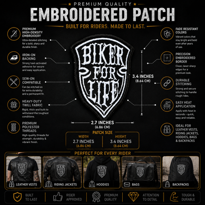 Biker For Life Premium Embroidered Biker Patch | Iron-On & Sew-On | 2.7 × 3.4 Inches