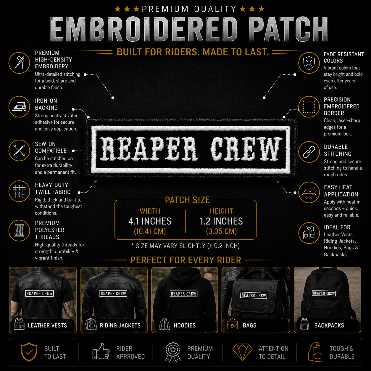 Reaper Crew Premium Embroidered Biker Patch | Iron-On & Sew-On | 1.2 × 4.1 Inches