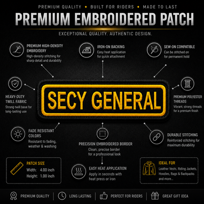 Secy General Front Designation Embroidered Patch 4 × 1 Inches – Iron On / Sew On