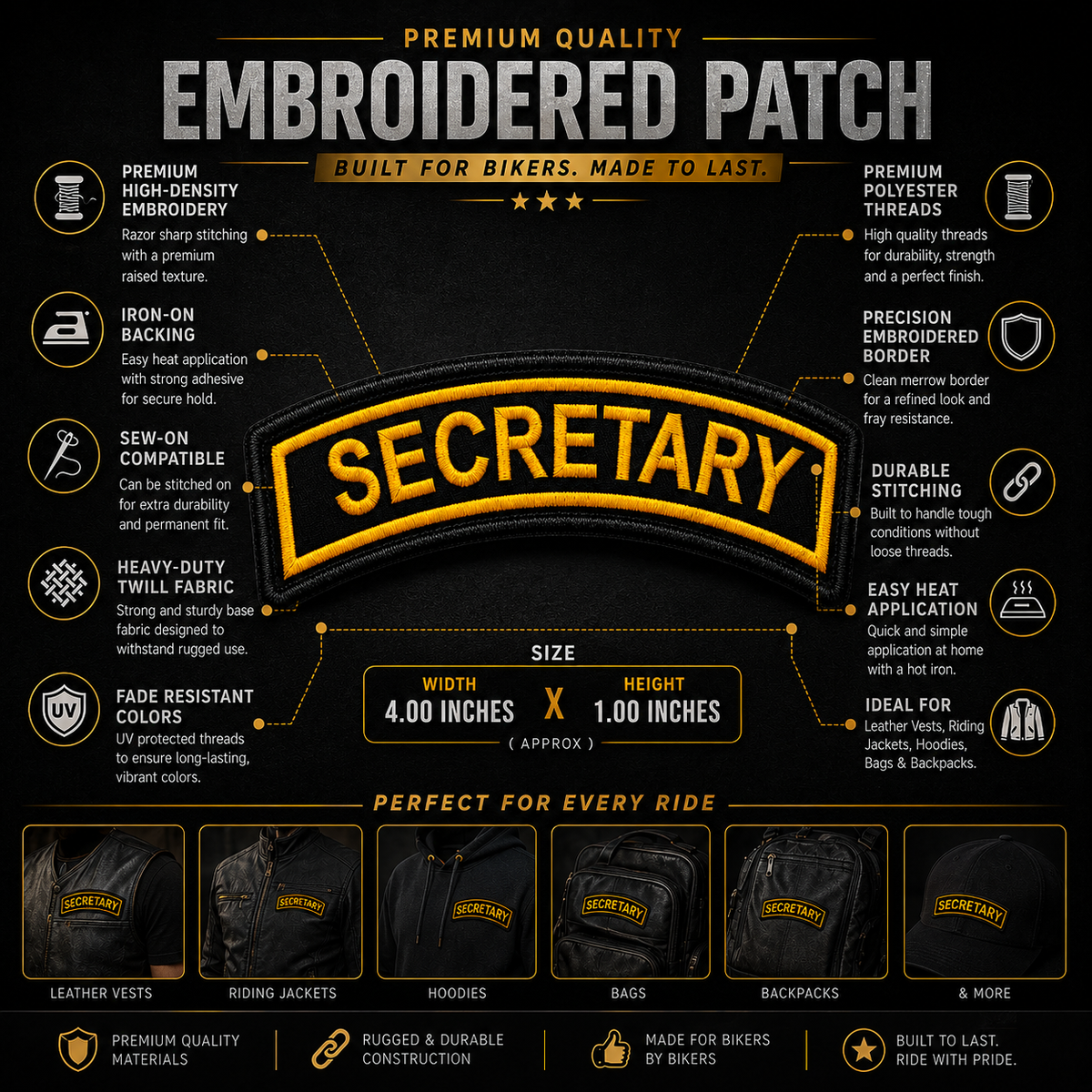 Secretary Front Designation Embroidered Patch 4 × 1 Inches – Iron On / Sew On