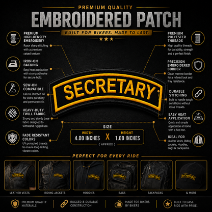 Secretary Front Designation Embroidered Patch 4 × 1 Inches – Iron On / Sew On