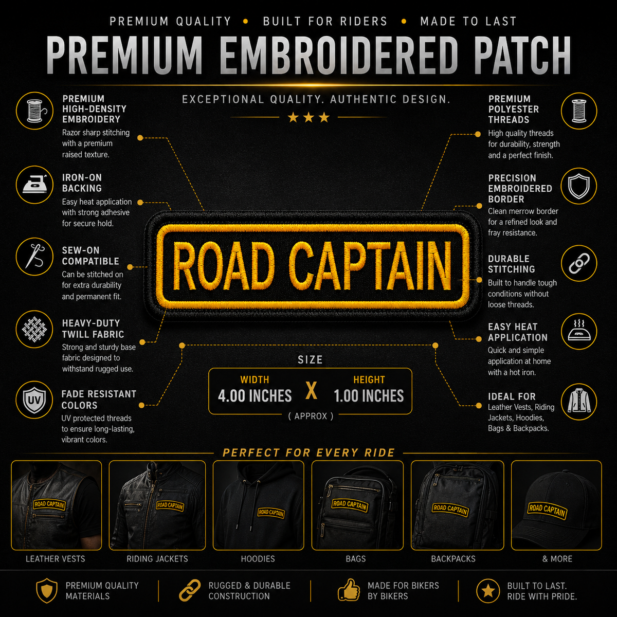 Road Captain Front Designation Embroidered Patch – Iron On / Sew On