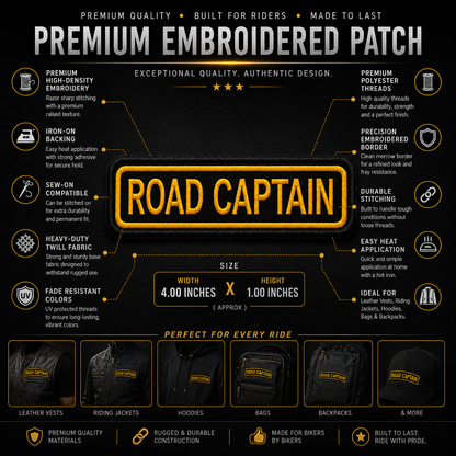 Road Captain Front Designation Embroidered Patch – Iron On / Sew On