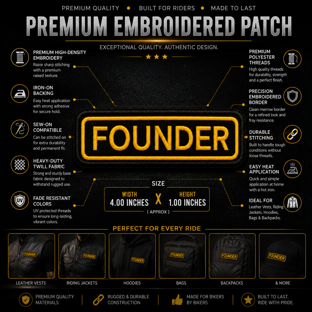 Founder Front Designation Embroidered Patch 4 × 1 Inches – Iron On / Sew On