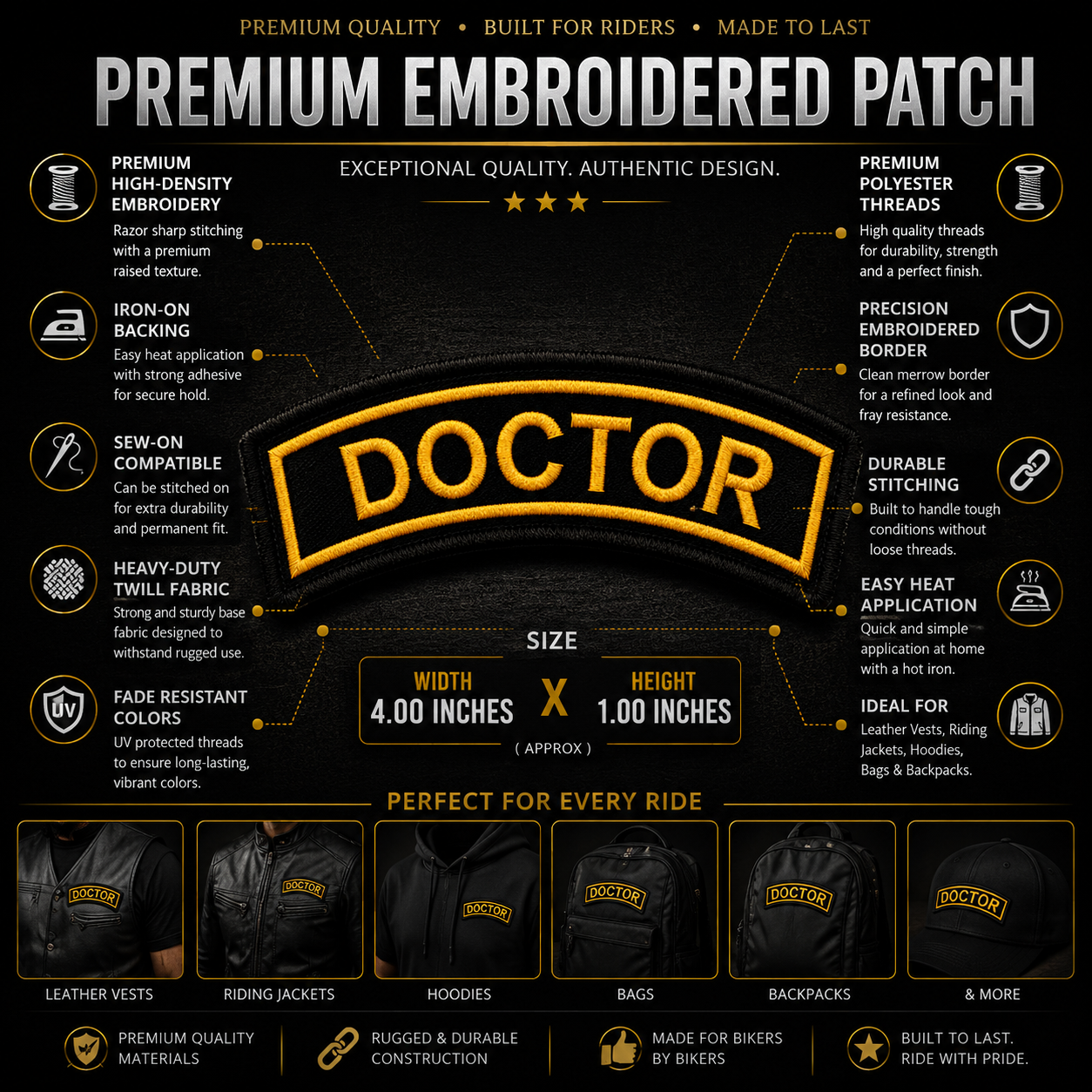 Doctor Front Designation Embroidered Patch 4 × 1 Inches – Iron On / Sew On