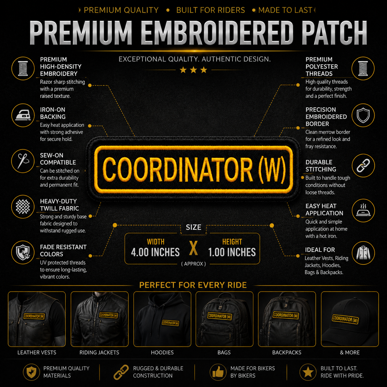 Coordinator (W) Front Designation Embroidered Patch 4 × 1 Inches – Iron On / Sew On