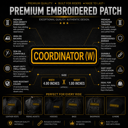 Coordinator (W) Front Designation Embroidered Patch 4 × 1 Inches – Iron On / Sew On