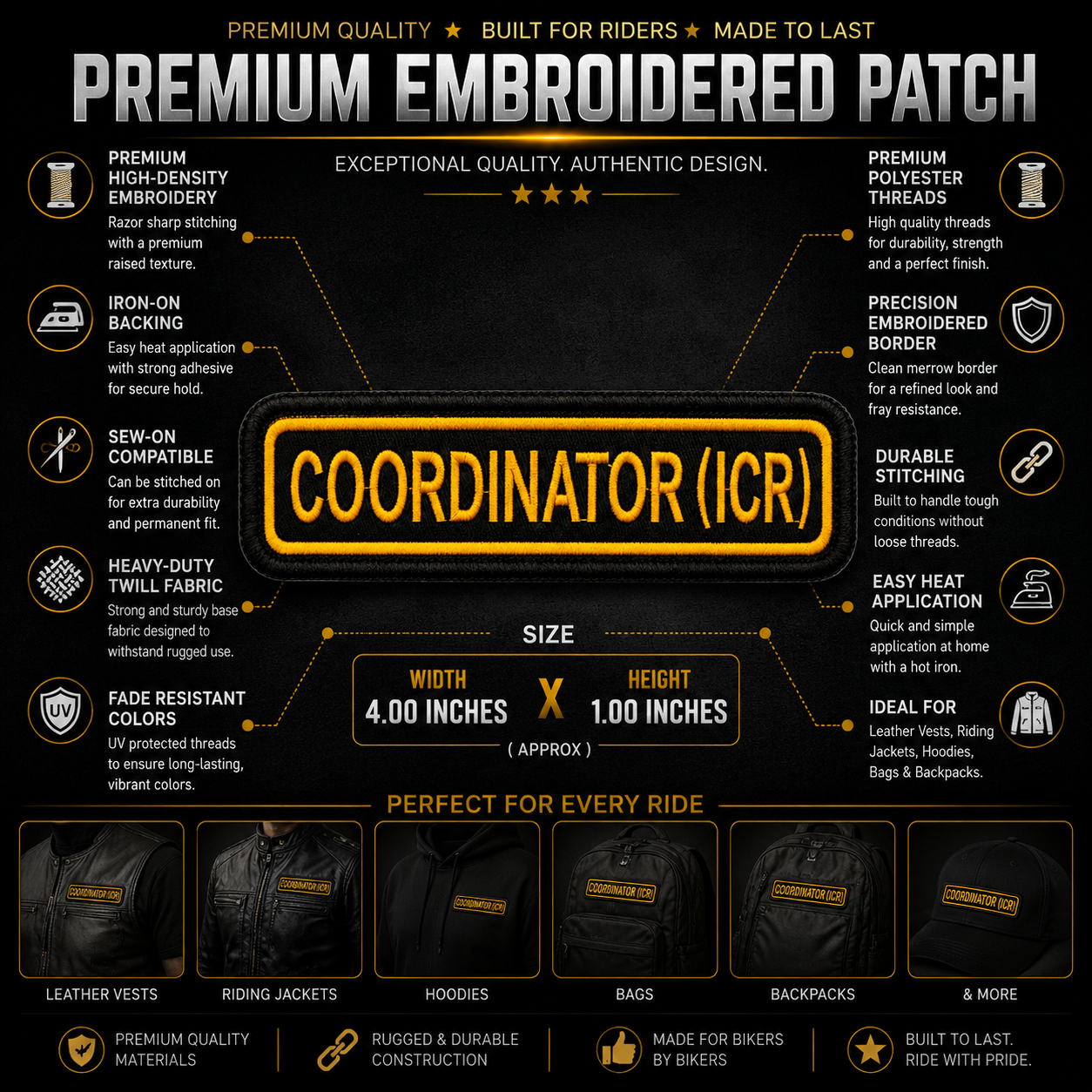 Coordinator (ICR) Front Designation Embroidered Patch 4 × 1 Inches – Iron On / Sew On