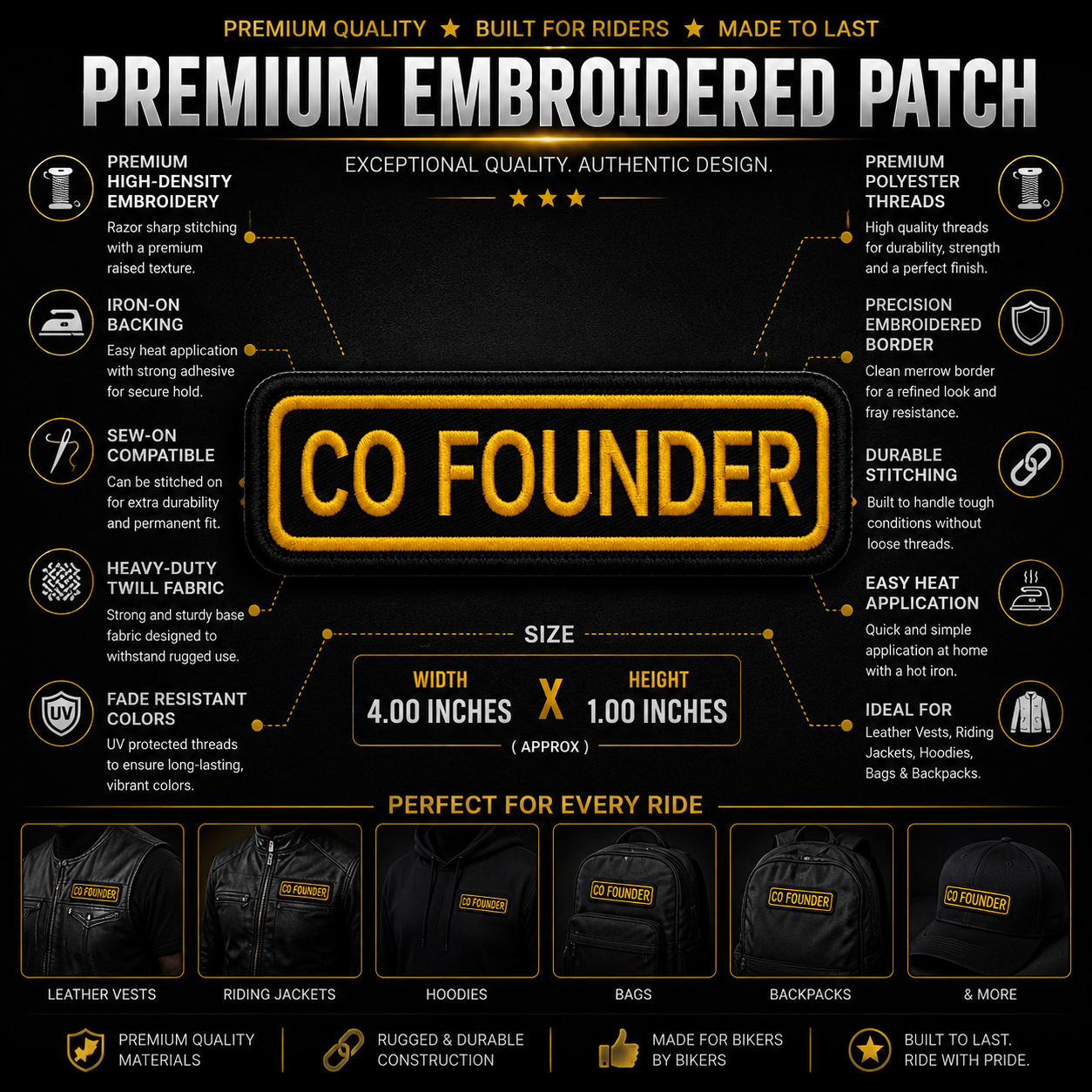 Co-Founder Front Designation Embroidered Patch 4 × 1 Inches – Iron On / Sew On