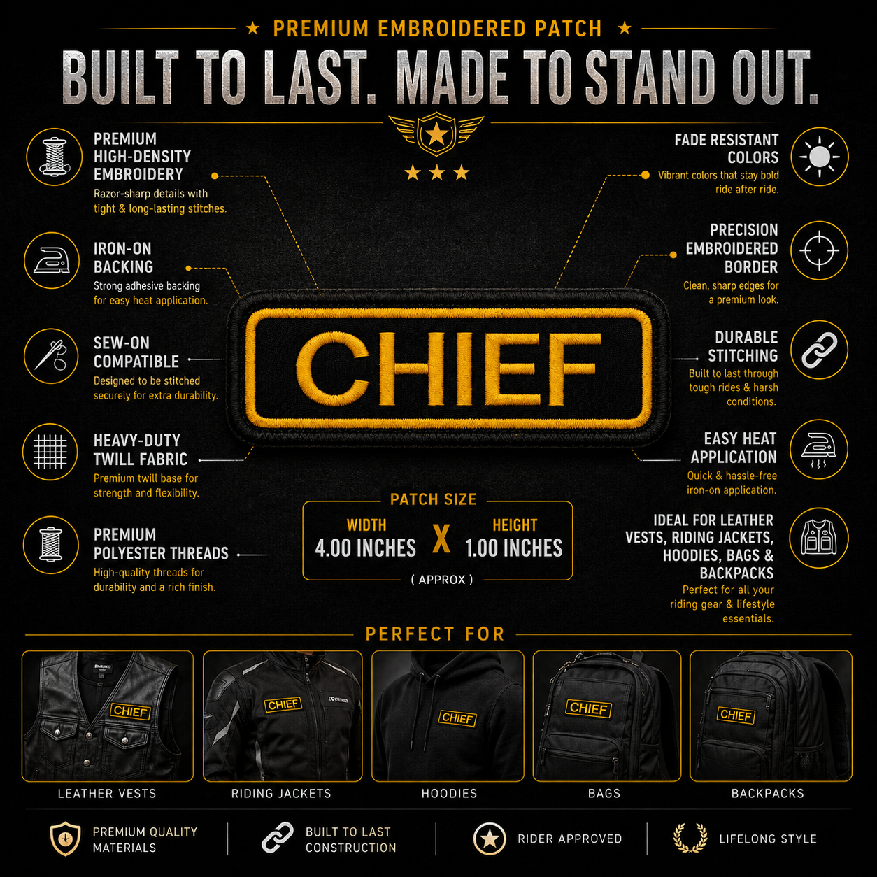 Chief Front Designation Embroidered Patch – Iron On / Sew On