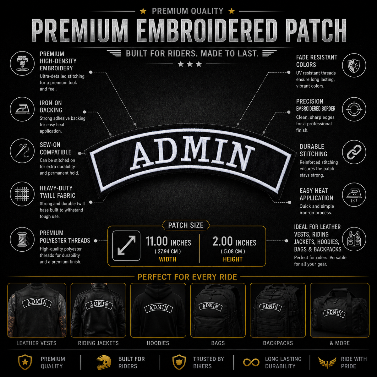 Admin Back Designation Premium Embroidered Patch | Iron-On & Sew-On | 2 × 11 Inches