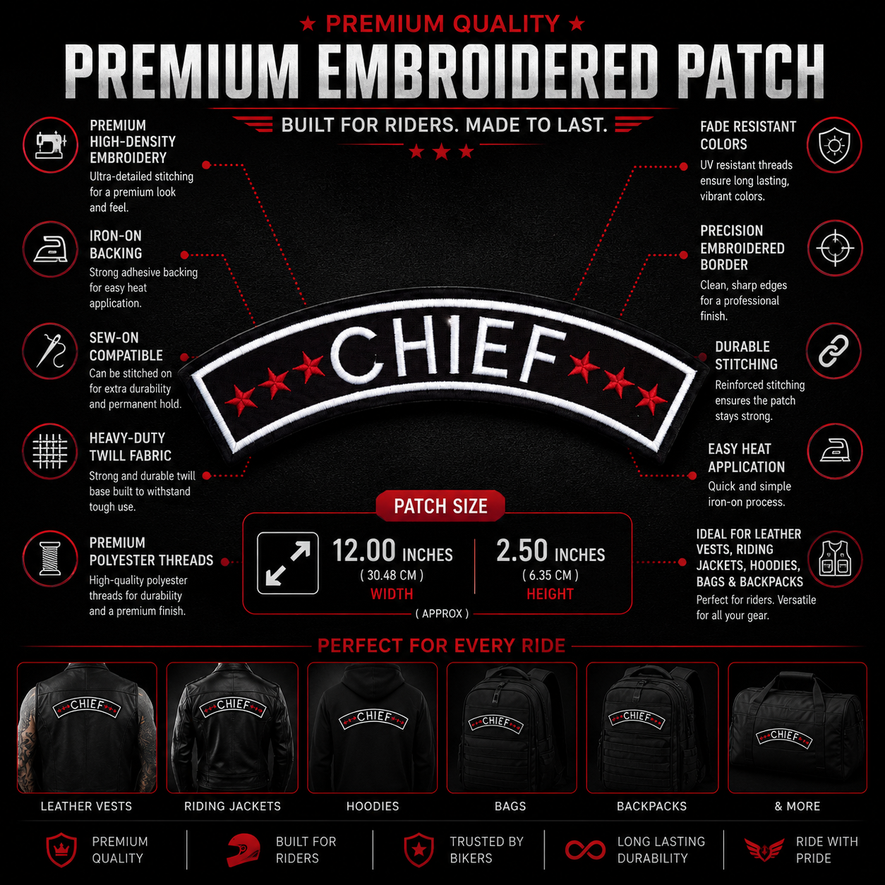 Chief Back Designation Premium Embroidered Patch | Iron-On & Sew-On | 2.5 × 12 Inches