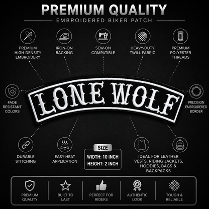 Lone Wolf Back Designation Premium Embroidered Patch | Iron-On & Sew-On | 2 × 10 Inches