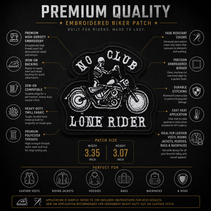 No Club Lone Rider Premium Embroidered Biker Patch | Iron-On & Sew-On | 3.07 × 3.35 Inches