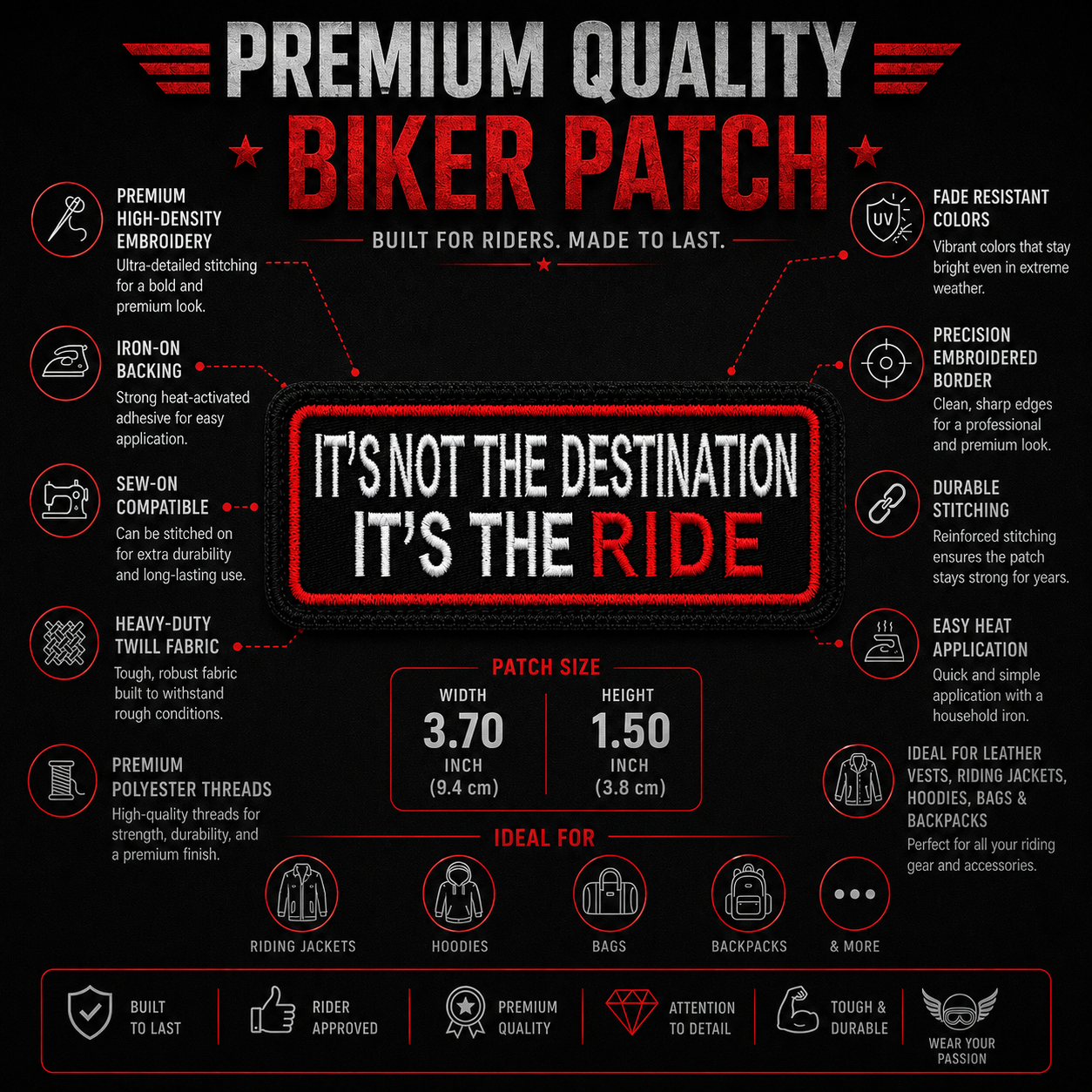 It's Not The Destination Its The Ride Premium Embroidered Biker Patch | Iron-On & Sew-On | 1.5 × 3.7 Inches