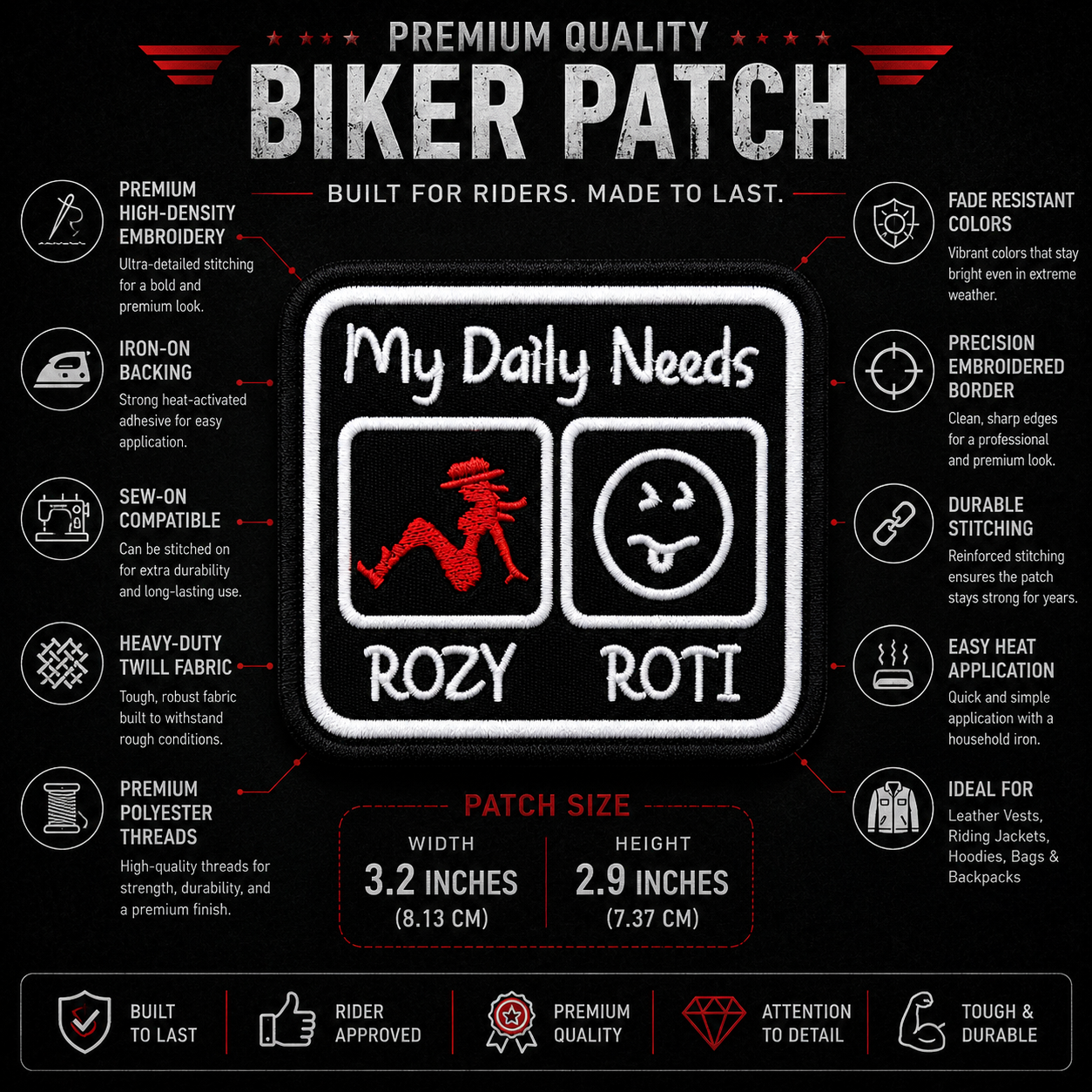 My Daily Needs Rozy And Roti Premium Embroidered Patch | Iron-On & Sew-On | 2.9 × 3.2 Inches