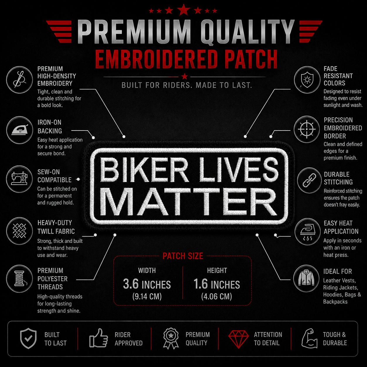 Biker Lives Matter Premium Embroidered Biker Patch | Iron-On & Sew-On | 1.6 × 3.6 Inches