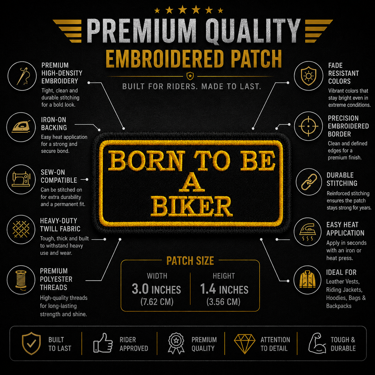 Born To Be A Biker Embroidered Patch | Iron-On & Sew-On | 1 × 3 Inches