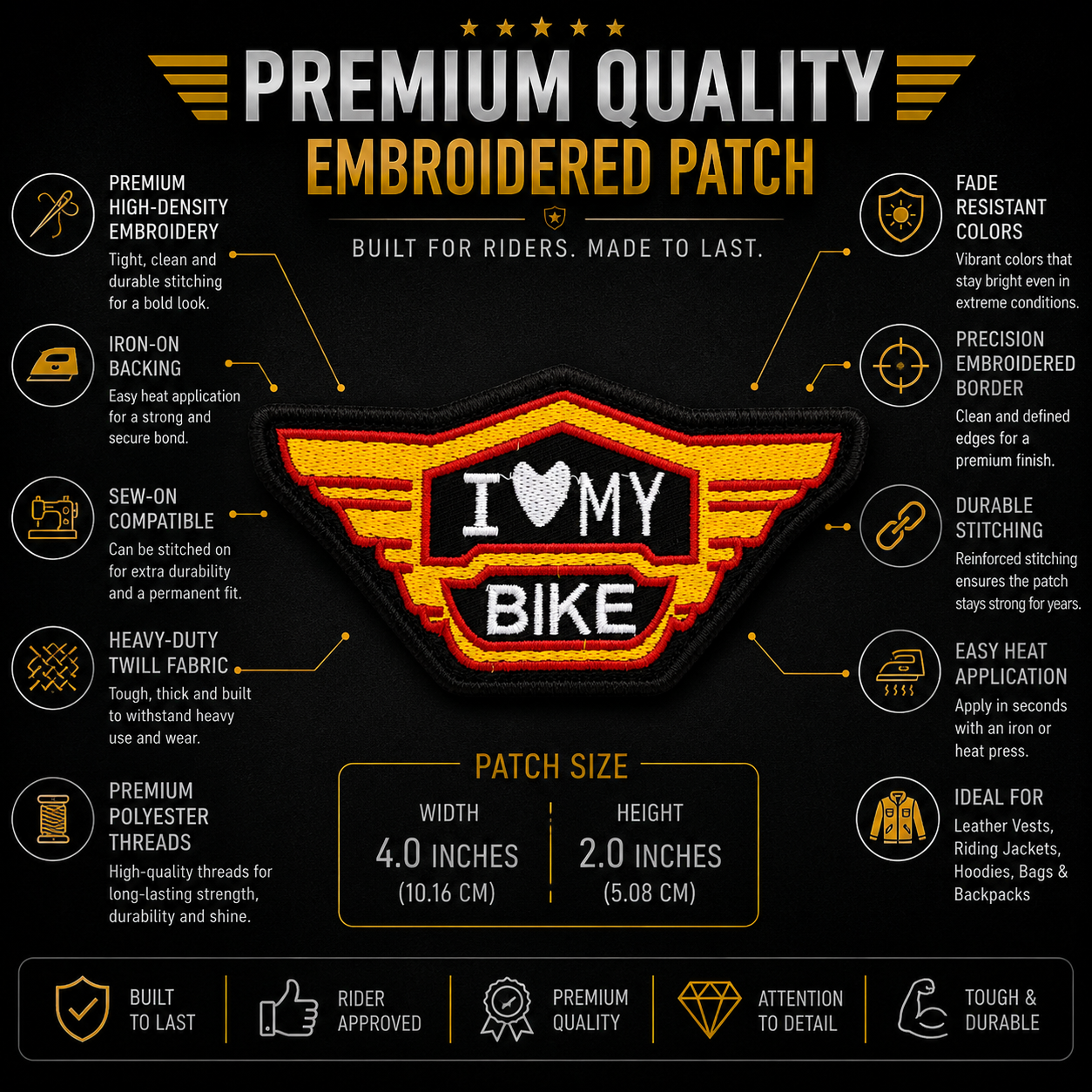 I Love My Bike Premium Embroidered Biker Patch | Iron-On & Sew-On | 2 × 4 Inches