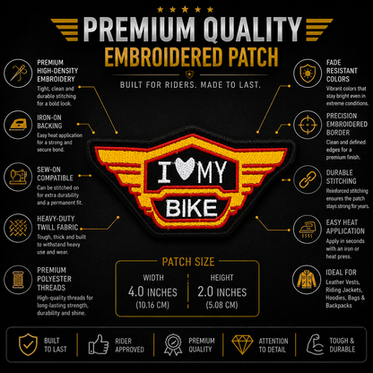 I Love My Bike Premium Embroidered Biker Patch | Iron-On & Sew-On | 2 × 4 Inches