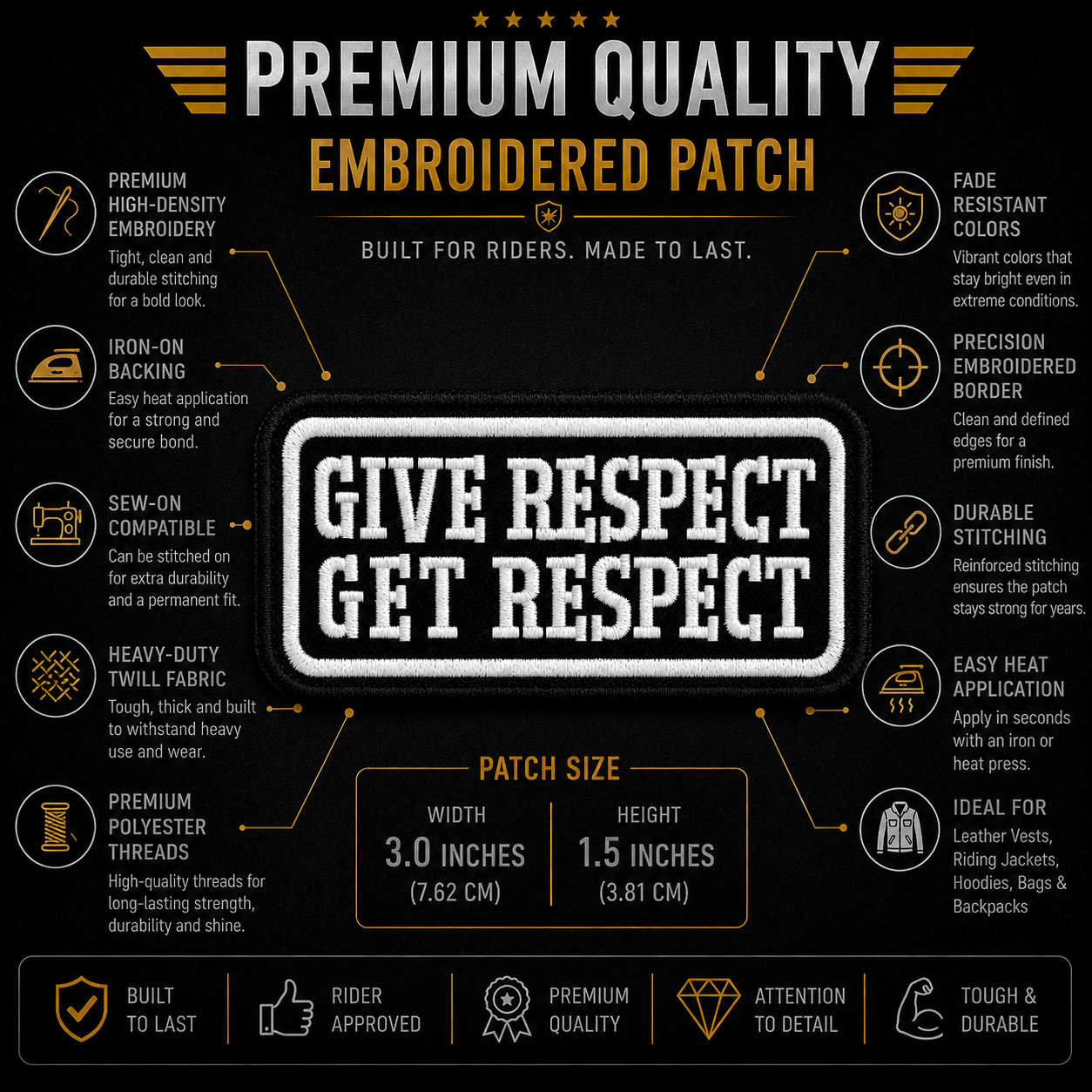 Give Respect Get Respect Premium Embroidered Biker Patch | Iron-On & Sew-On | 1.5 × 3 Inches