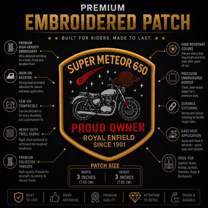 Super Meteor 650 Premium Embroidered Biker Patch | Iron-On & Sew-On | 3 × 3 Inches