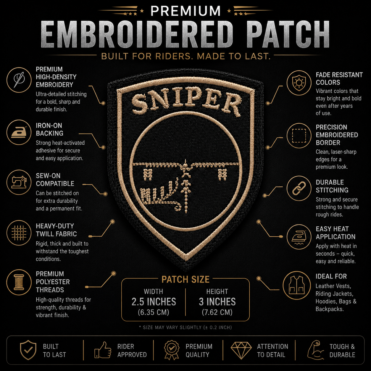 Sniper Premium Embroidered Biker Patch | Iron-On & Sew-On | 2.5 × 3 Inches