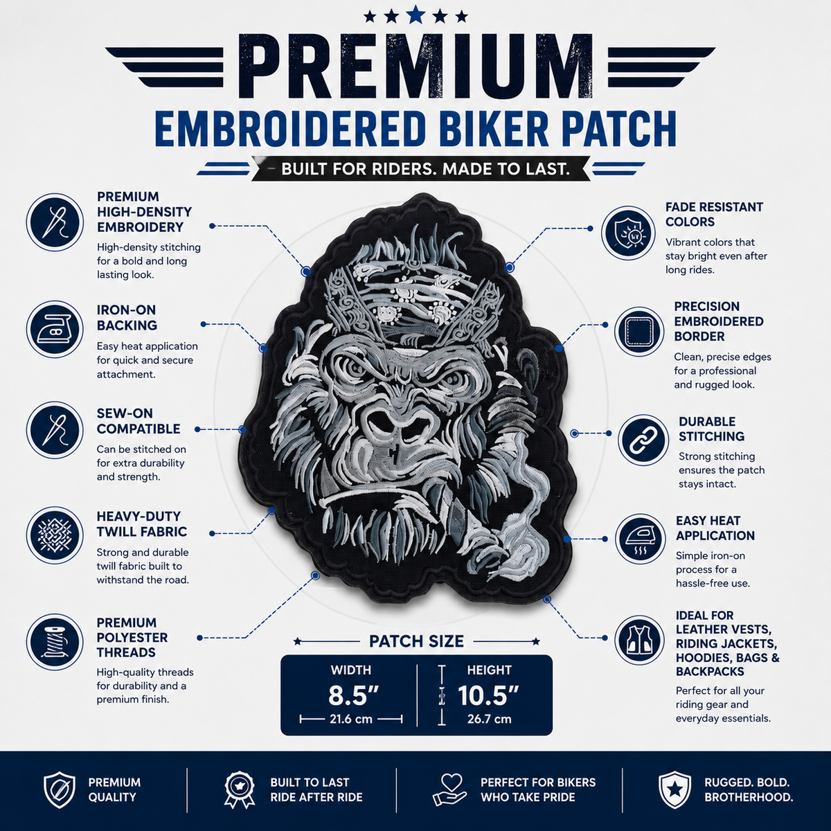 Gorilla Back Premium Embroidered Patch | Iron-On & Sew-On | 10.5 × 8.5 Inches