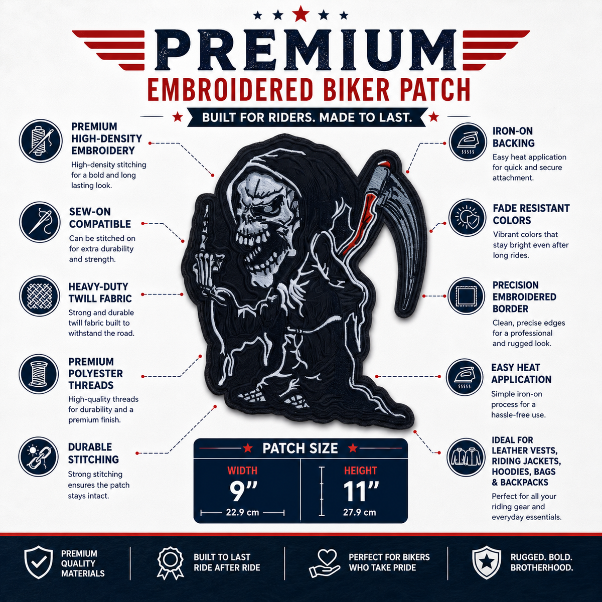 Ghost Back Premium Embroidered Patch | Iron-On & Sew-On | 11 × 9 Inches