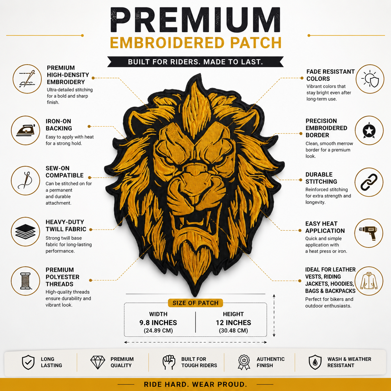 Lion Golden Back Patch Premium Embroidered Patch | Iron-On & Sew-On | 9.8 × 12 Inches