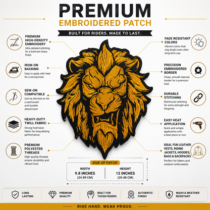 Lion Golden Back Patch Premium Embroidered Patch | Iron-On & Sew-On | 9.8 × 12 Inches