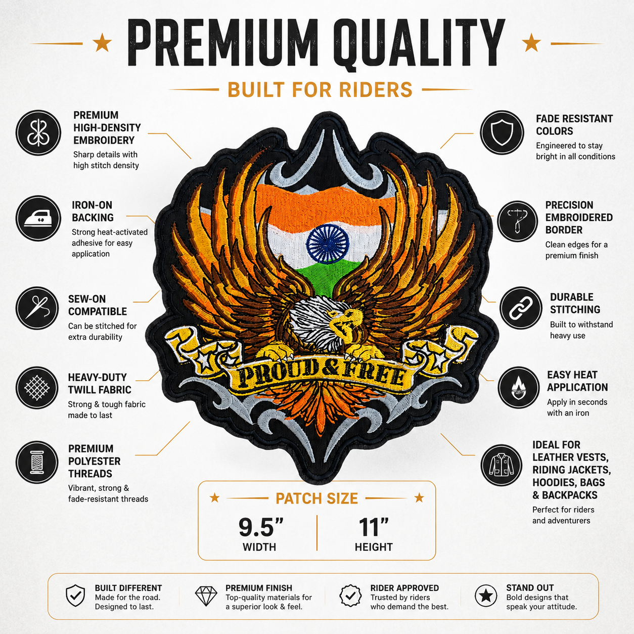 Proud & Free Back Premium Embroidered Biker Patch | Iron-On & Sew-On | 11 × 9.5 Inches