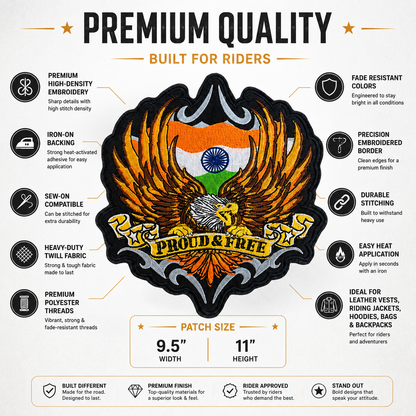 Proud & Free Back Premium Embroidered Biker Patch | Iron-On & Sew-On | 11 × 9.5 Inches