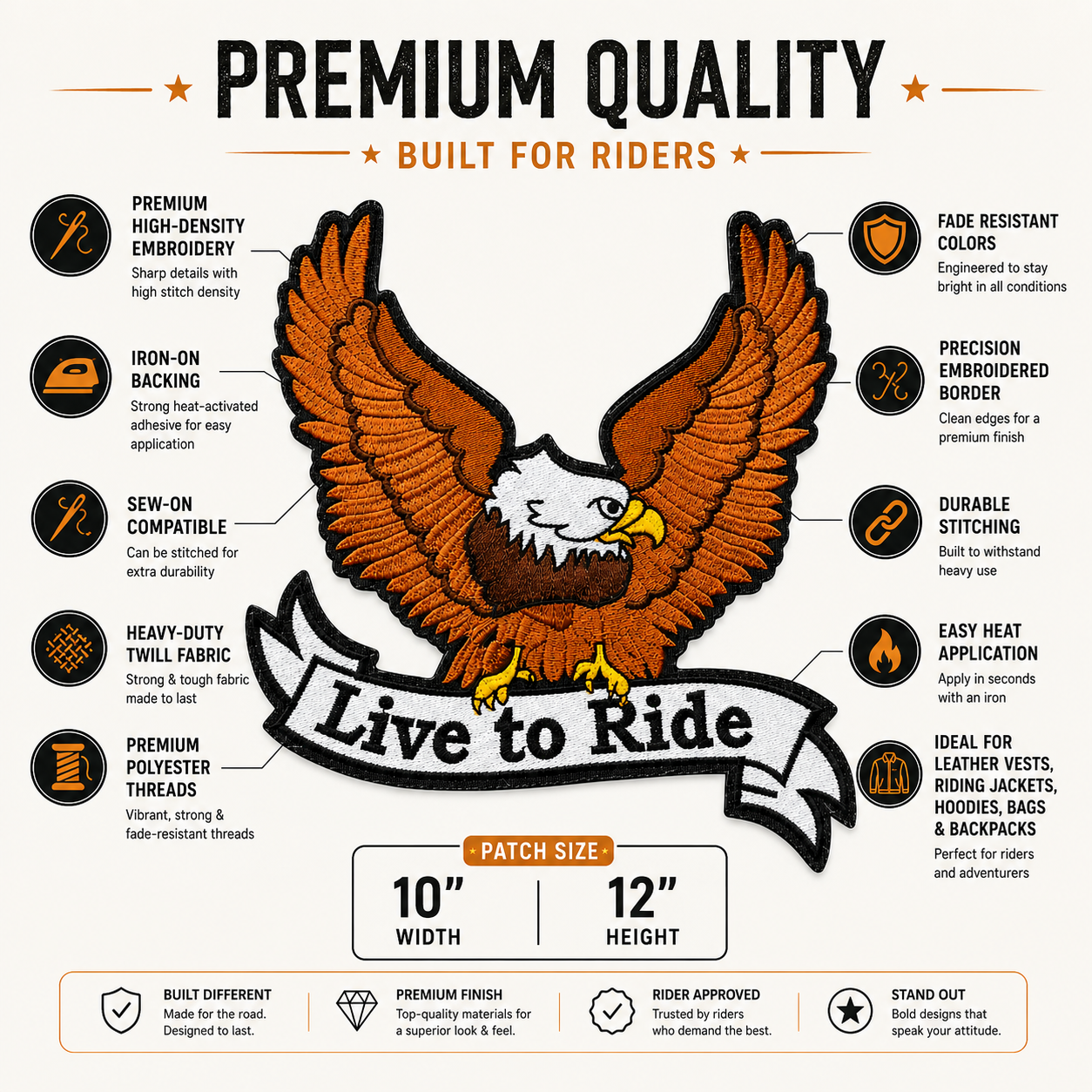 Live To Ride Back Premium Embroidered Biker Patch | Iron-On & Sew-On | 12 × 10 Inches