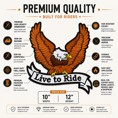 Live To Ride Back Premium Embroidered Biker Patch | Iron-On & Sew-On | 12 × 10 Inches