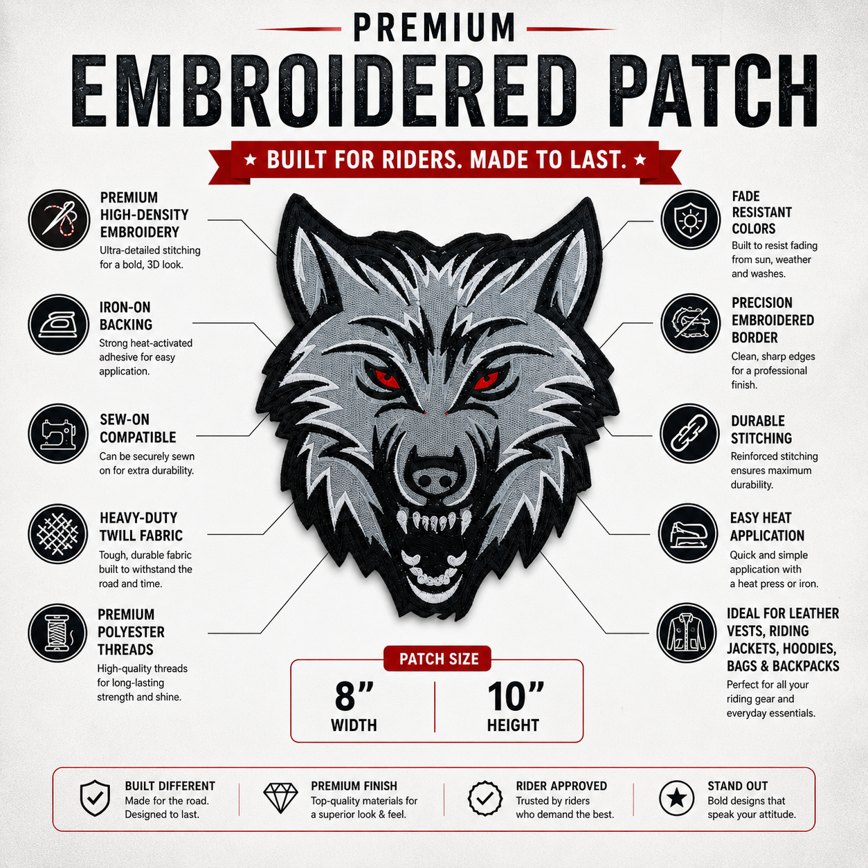 Wolf Logo Back Premium Embroidered Patch | Iron-On & Sew-On | 10 × 8 Inches