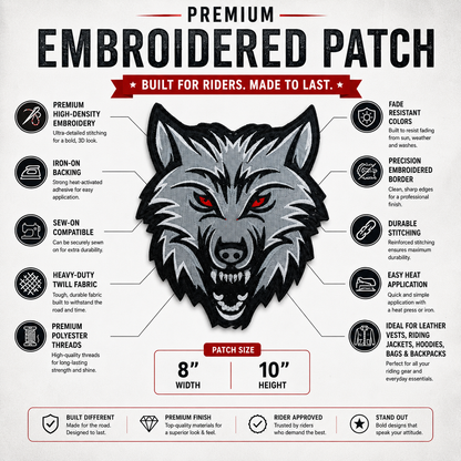 Wolf Logo Back Premium Embroidered Patch | Iron-On & Sew-On | 10 × 8 Inches